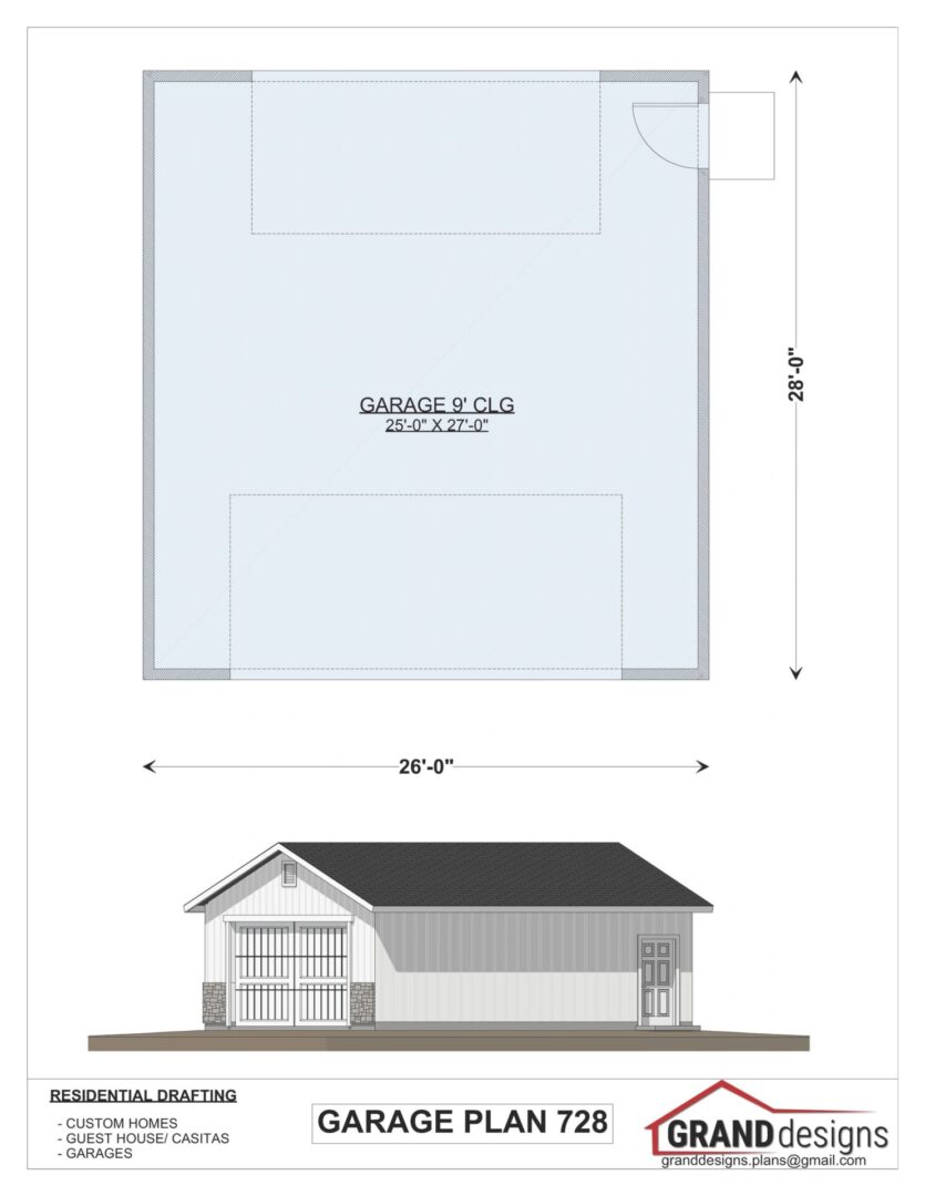 Garage plan 728, 26' x 28' footprint.