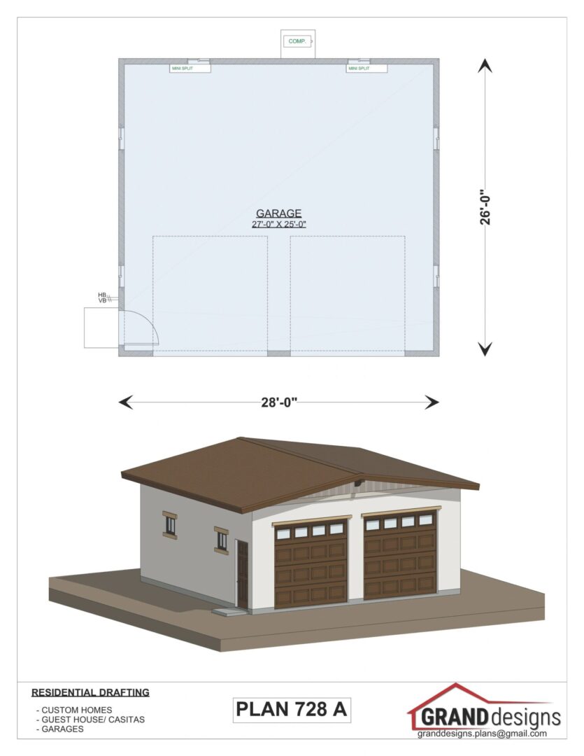 Garage plan 728 A, two car doors.