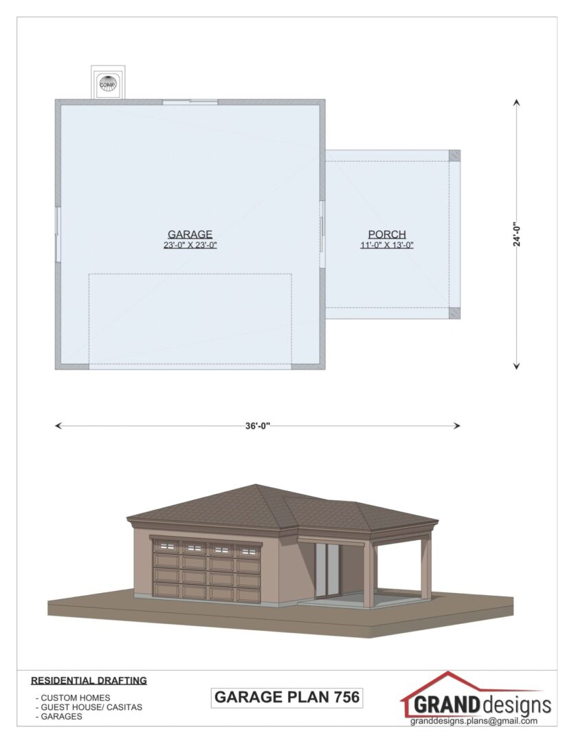 Garage plan 756 with porch and dimensions.