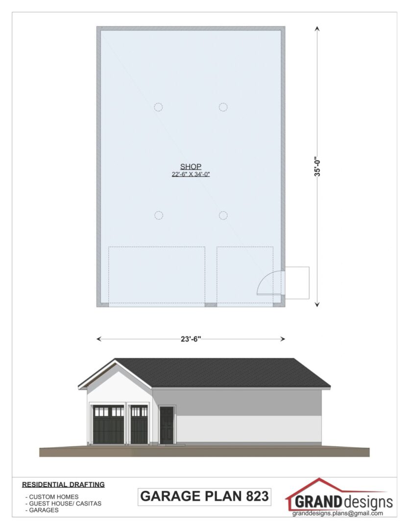 Garage plan 823, two-car garage with shop.