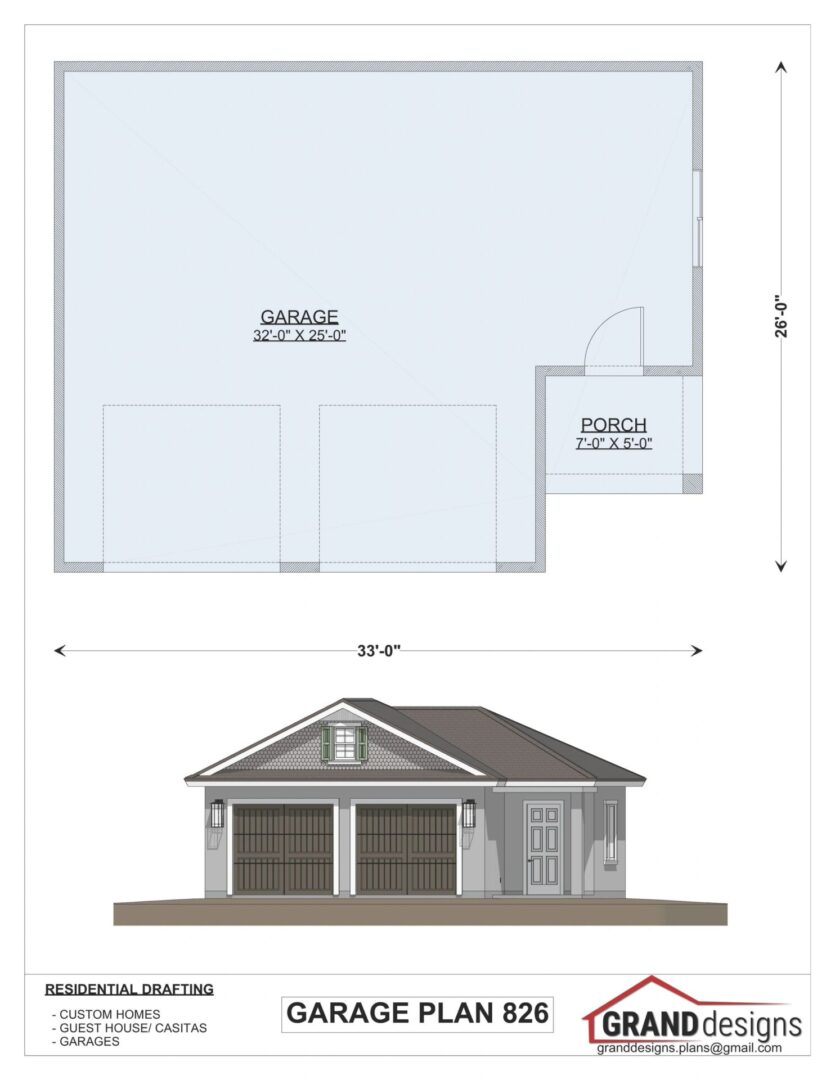 Garage plan 826 with two doors and porch.