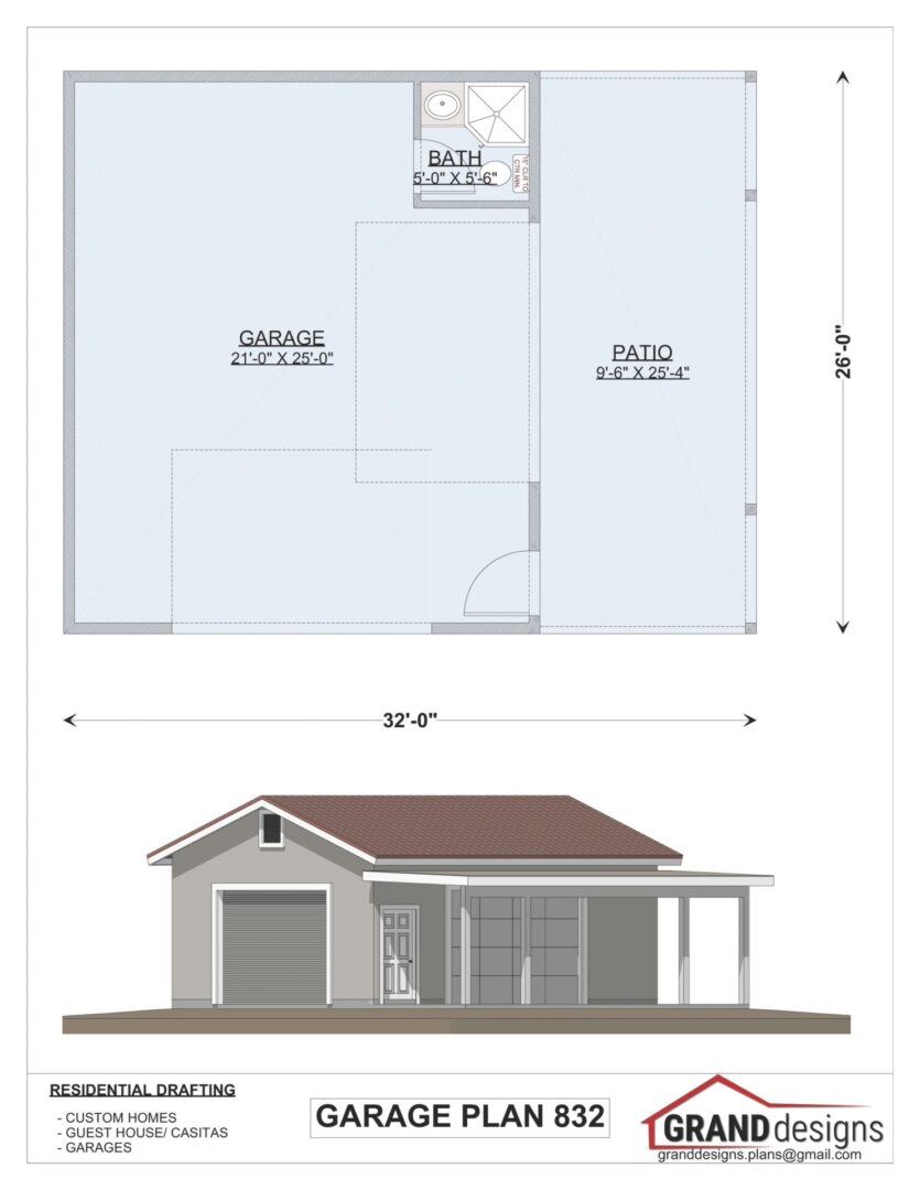 Garage plan 832 with patio and bath.