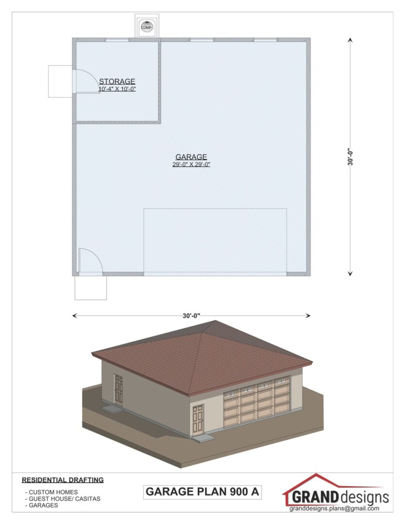 Garage plan 900 A, 30' x 30' with storage.