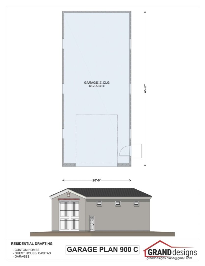 Garage plan 900 C, 20'x45' elevation.