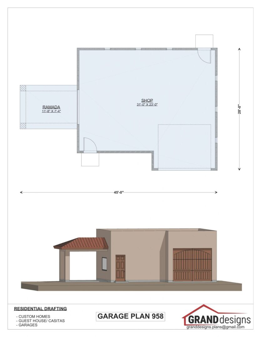 Garage plan 958 with ramada and shop.