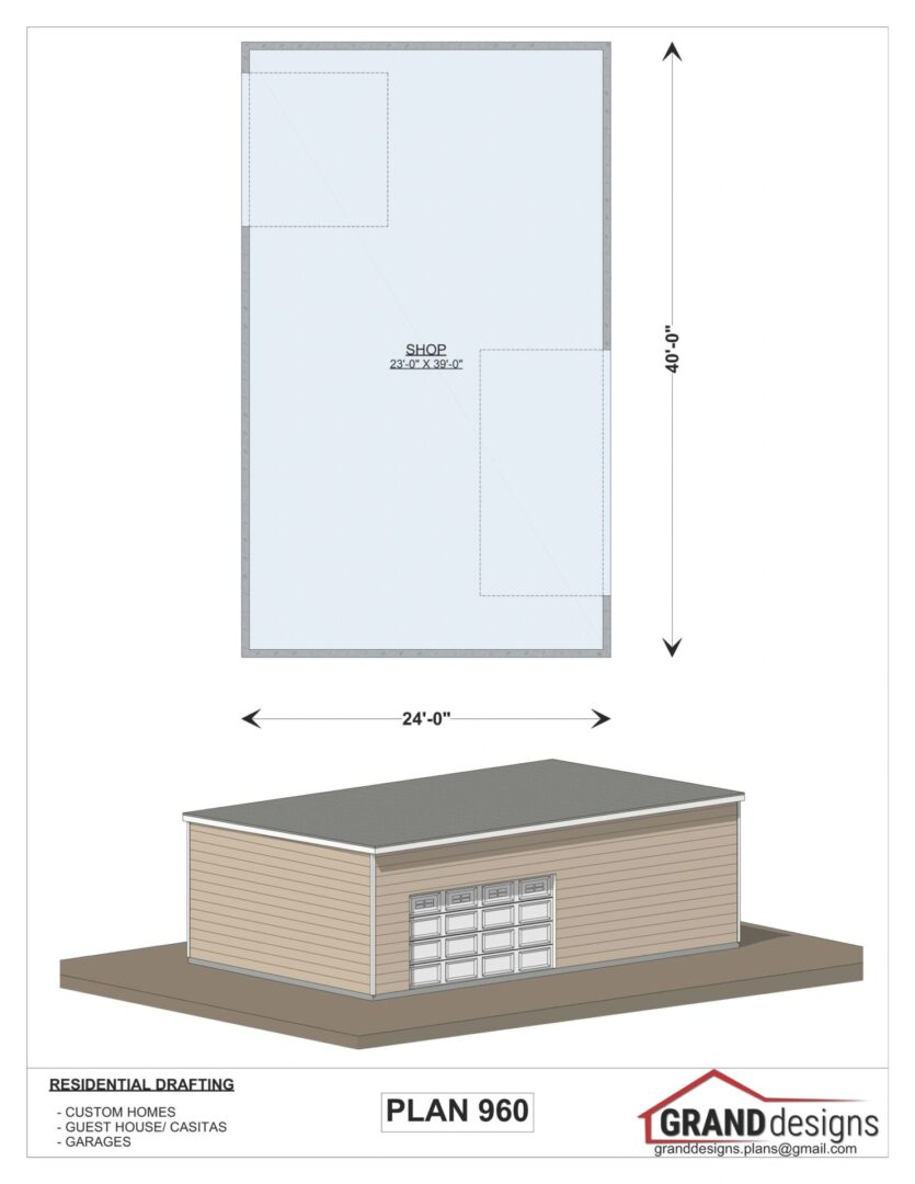 Plan 960, shop building with garage door.