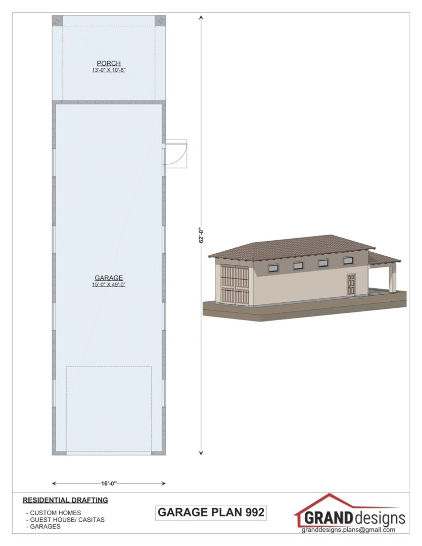 Garage plan 992 with porch and dimensions.