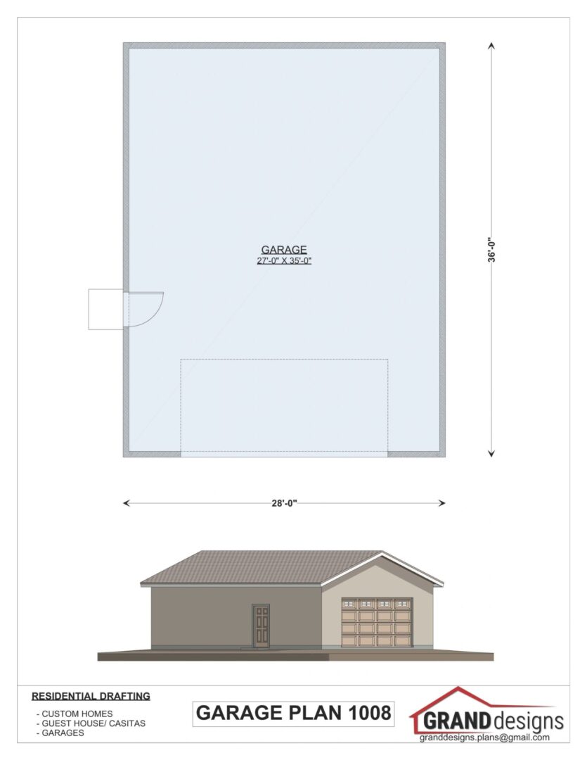 Garage plan 1008, front view, blueprint.