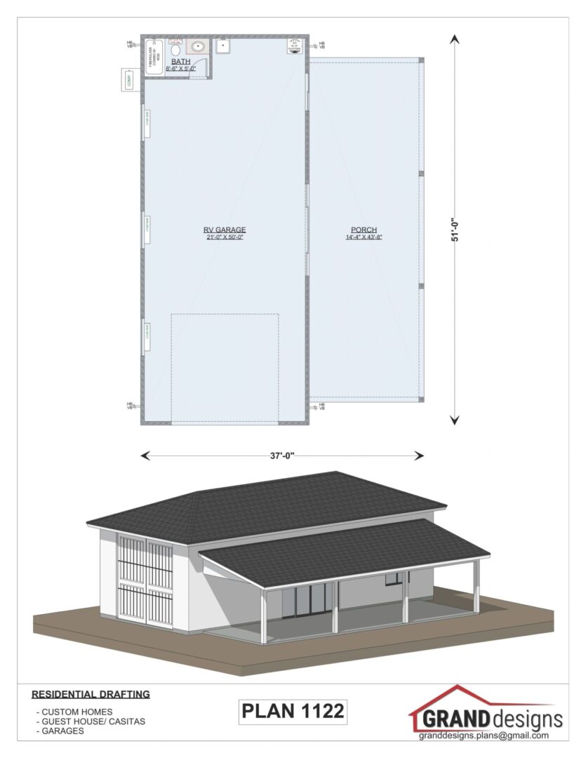 House plan 1122, RV garage and porch.