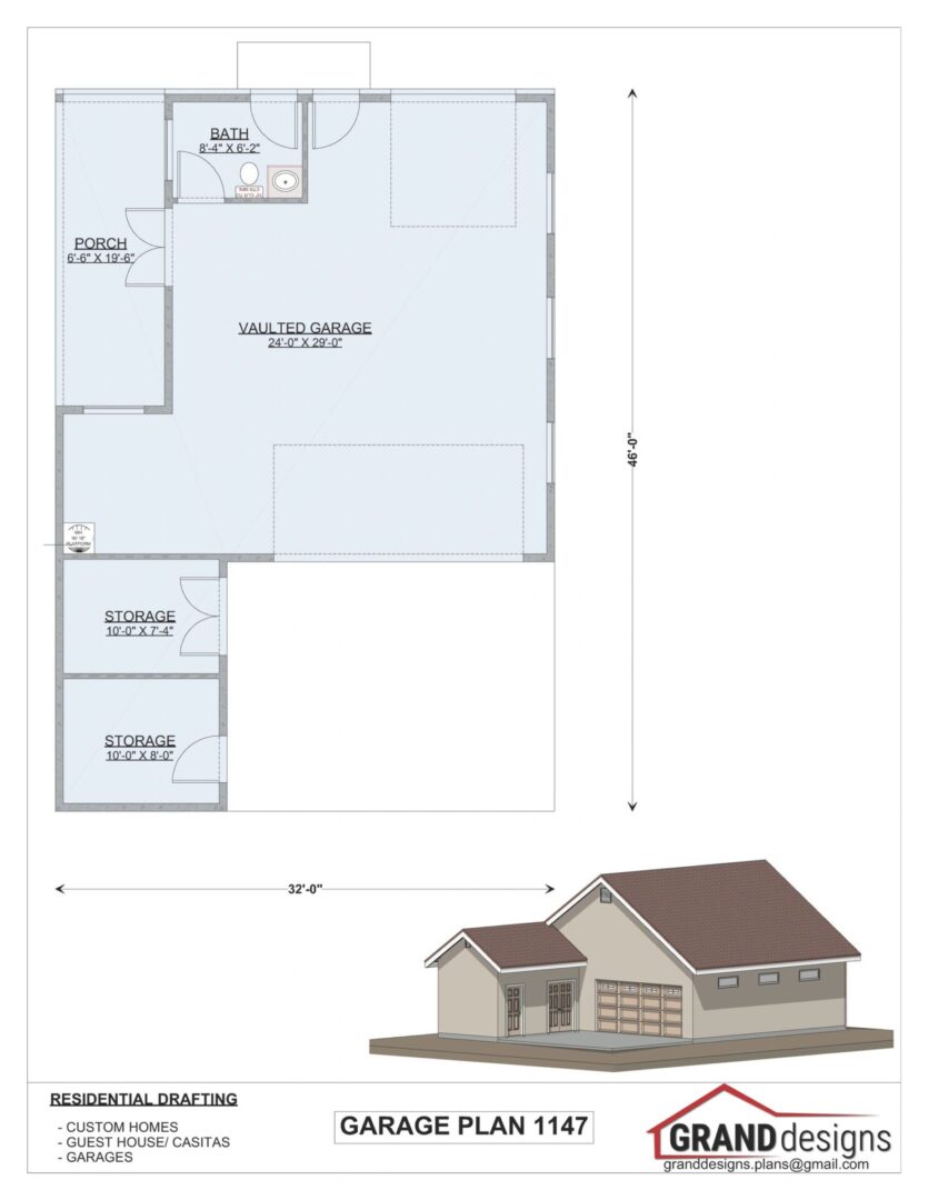 Garage plan 1147 with vaulted garage.