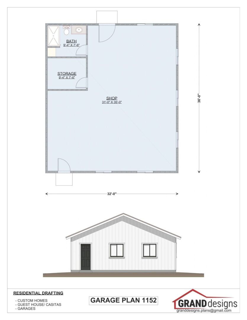 Garage plan with shop and storage.