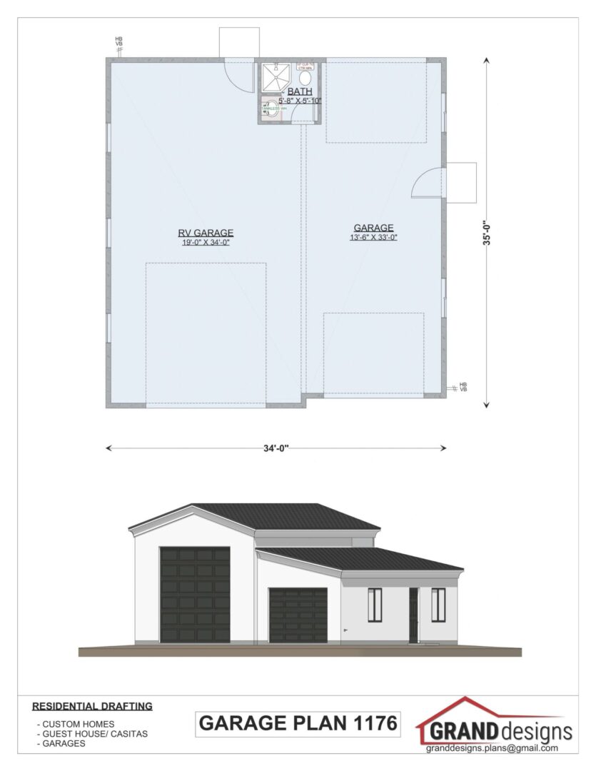 Garage plan 1176 with RV garage and bath.