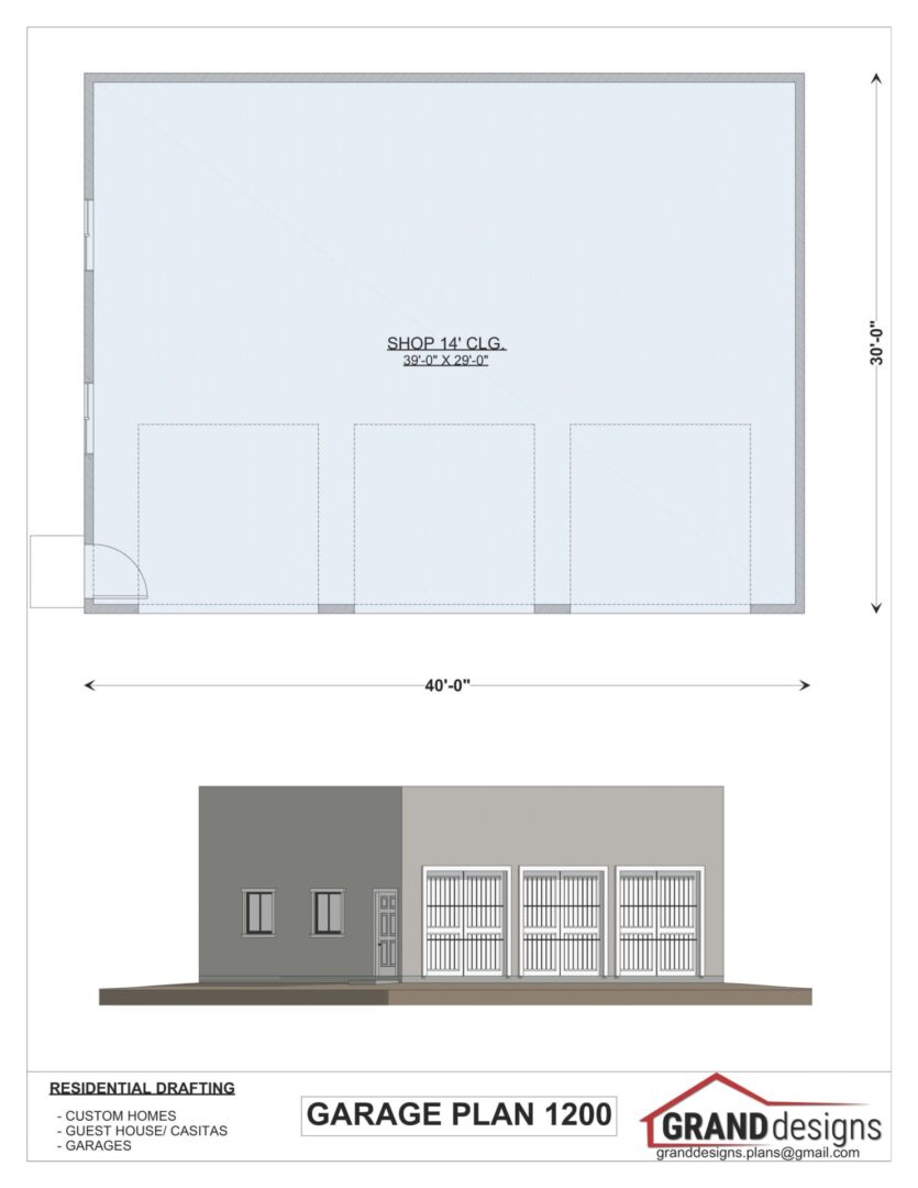 Garage plan with three doors and a shop.