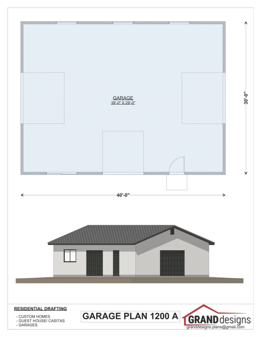 Garage plan 1200 A with front elevation.