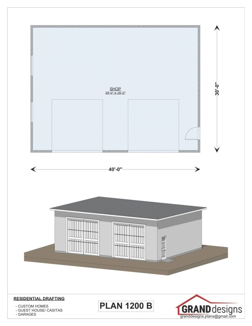 Plan 1200 B shop building with two doors.