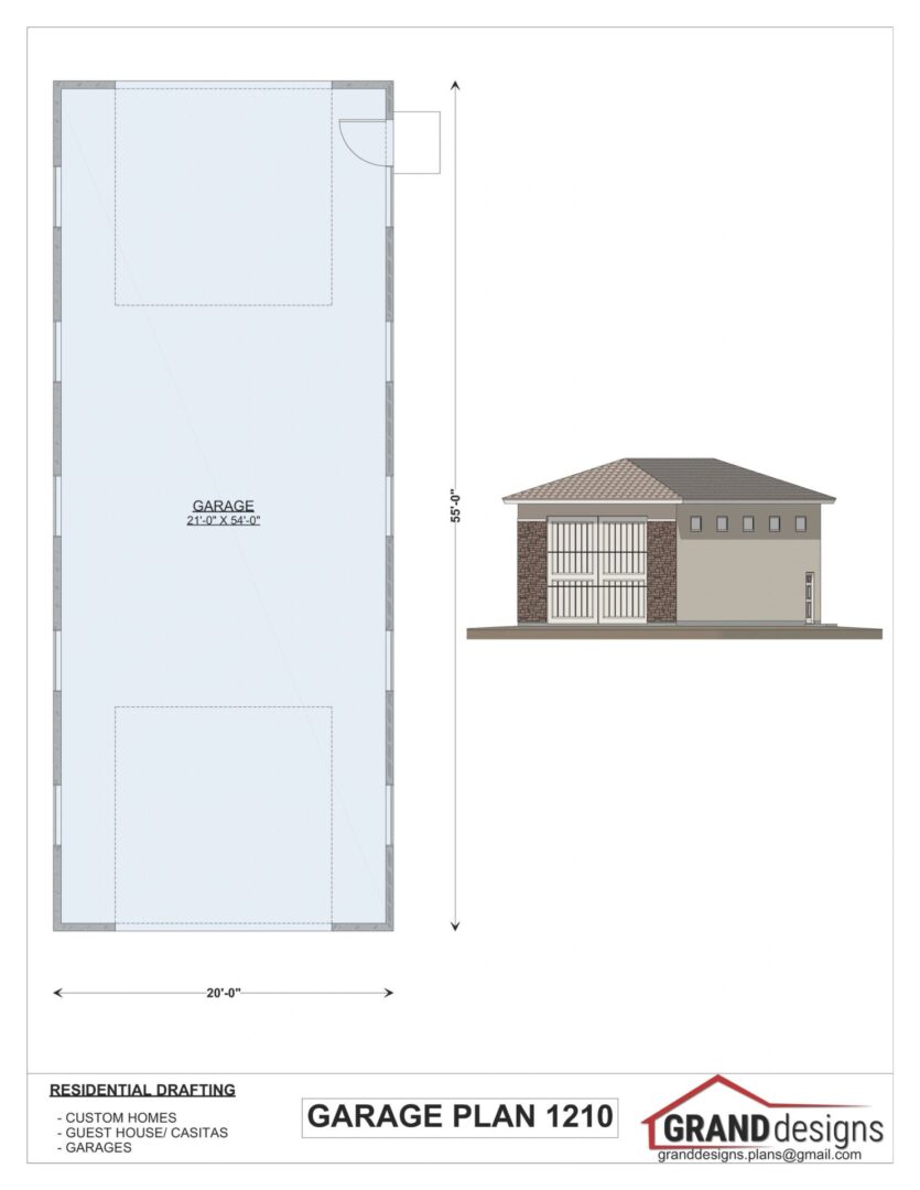 Garage plan blueprint with side view.