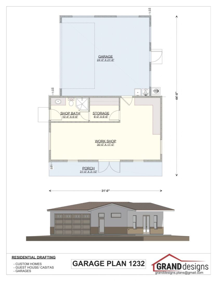 Garage plan with shop, bath, storage.