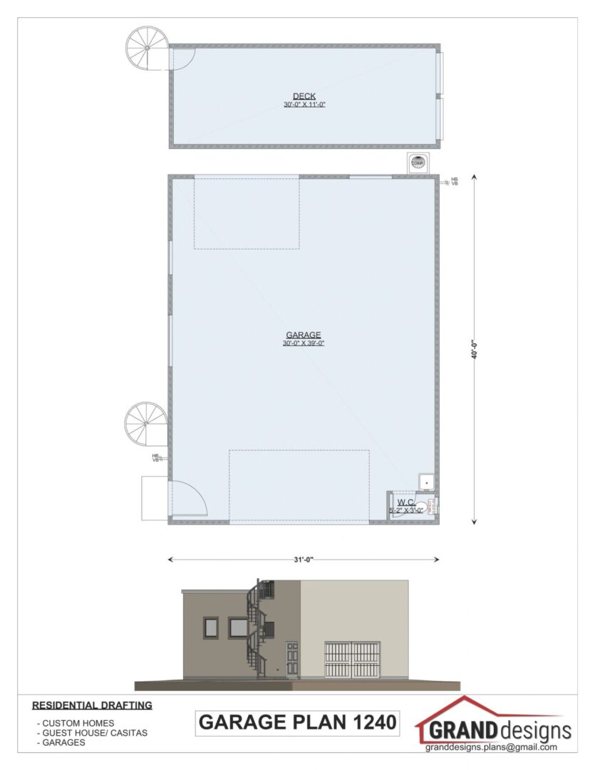 Garage plan with deck and dimensions.