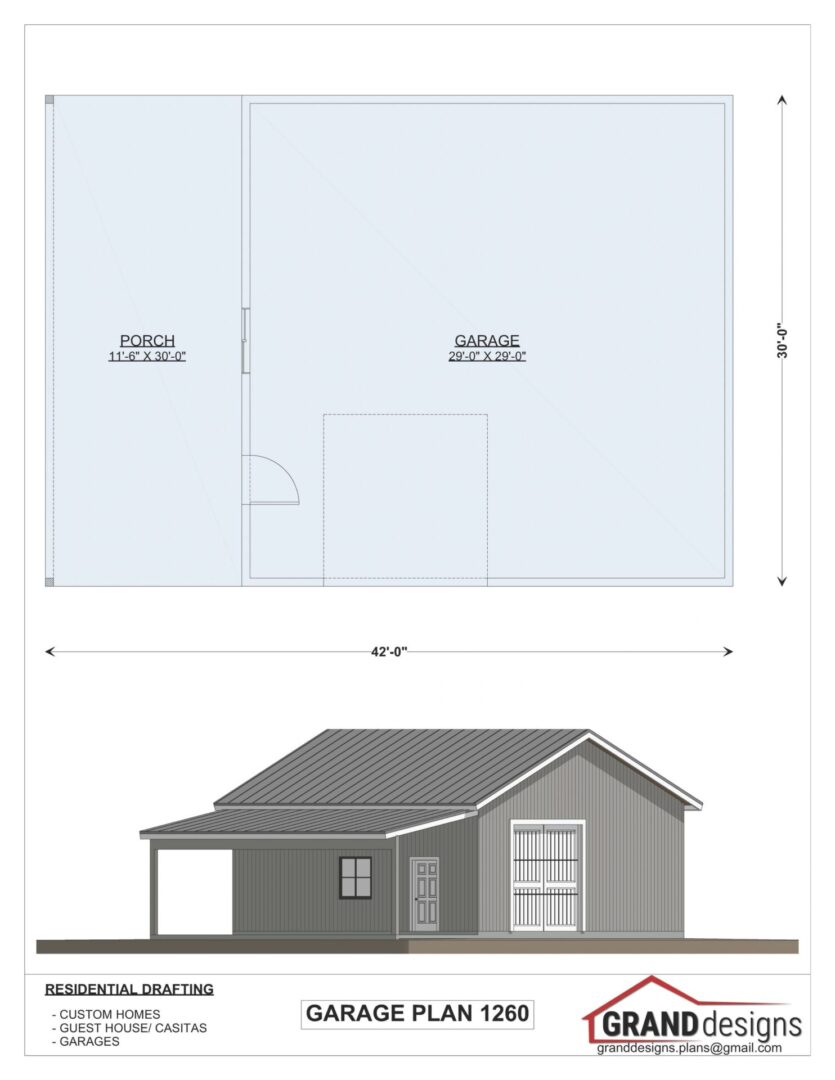 Garage plan 1260 with porch and dimensions.