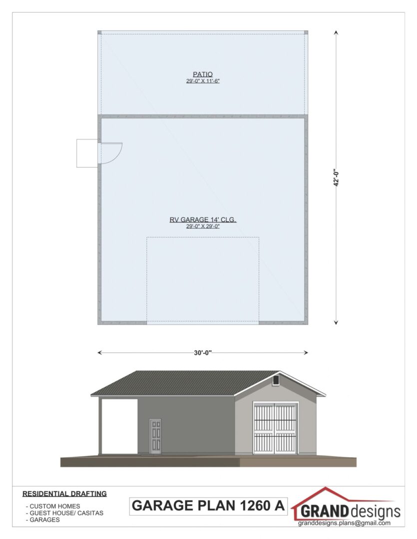 Garage plan 1260 A with patio and RV garage.