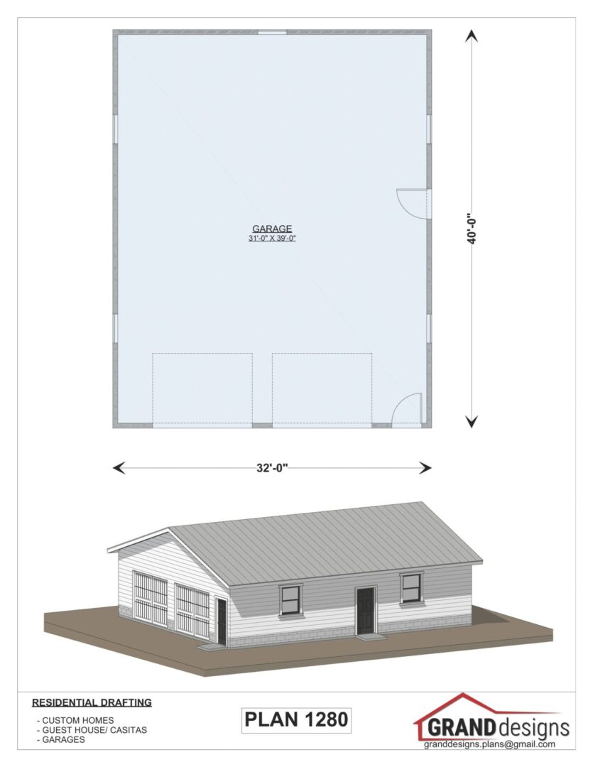 Plan 1280, 3-car garage, residential drafting.