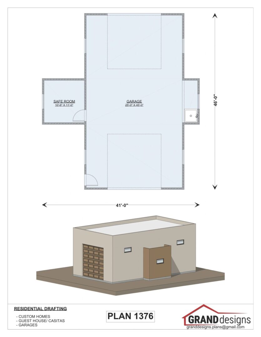 Floor plan of a garage with safe room.