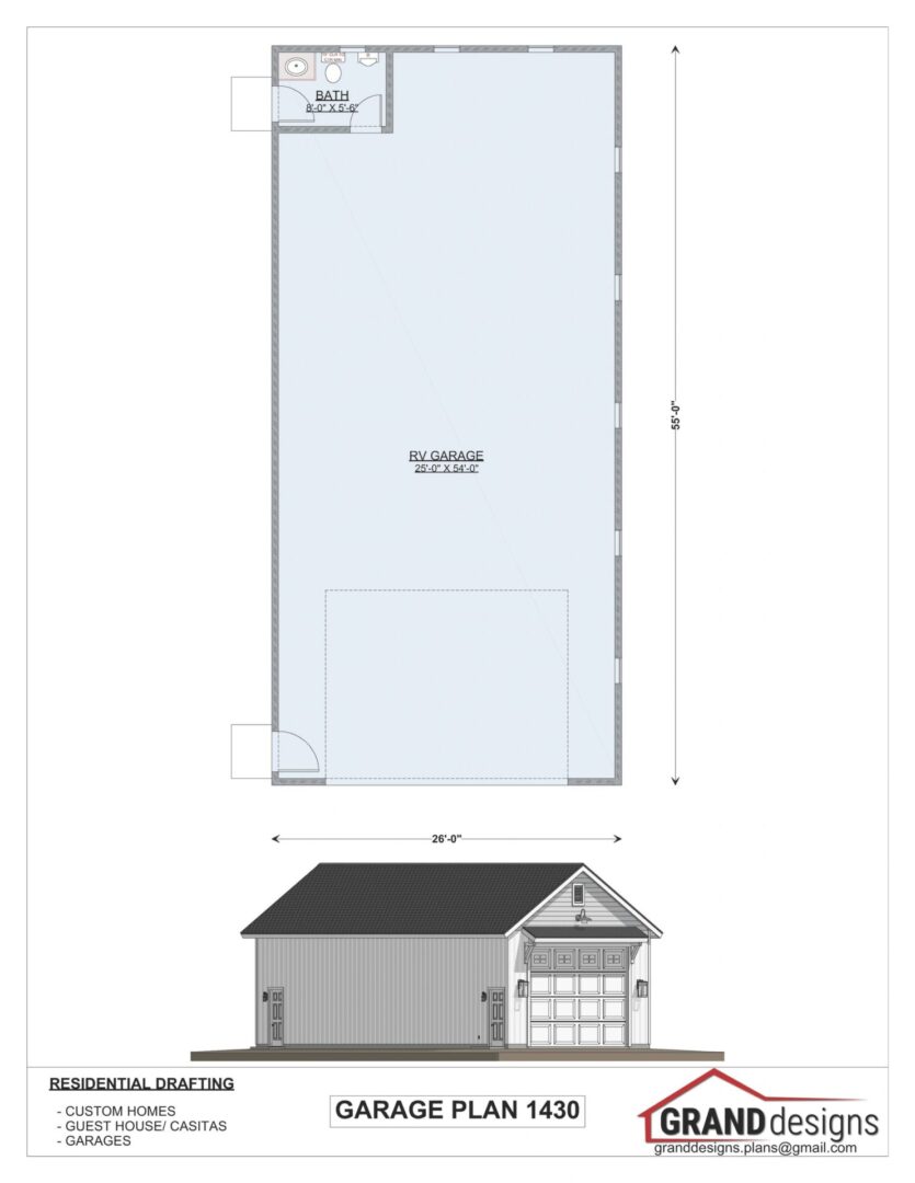 Garage plan 1430, RV garage with bath.