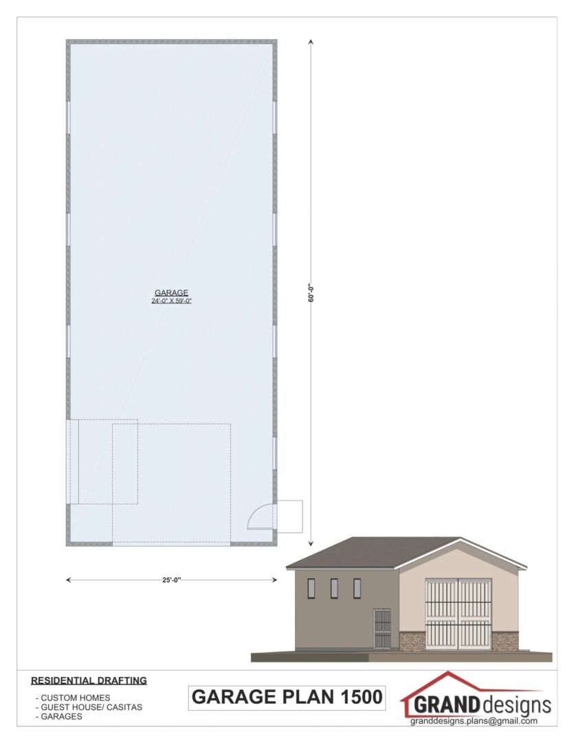 Garage plan 1500 with elevation view.