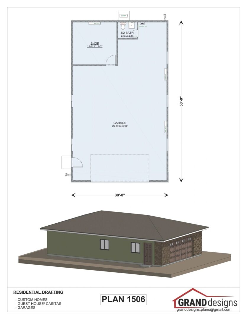 Plan 1506 garage with shop and bath.