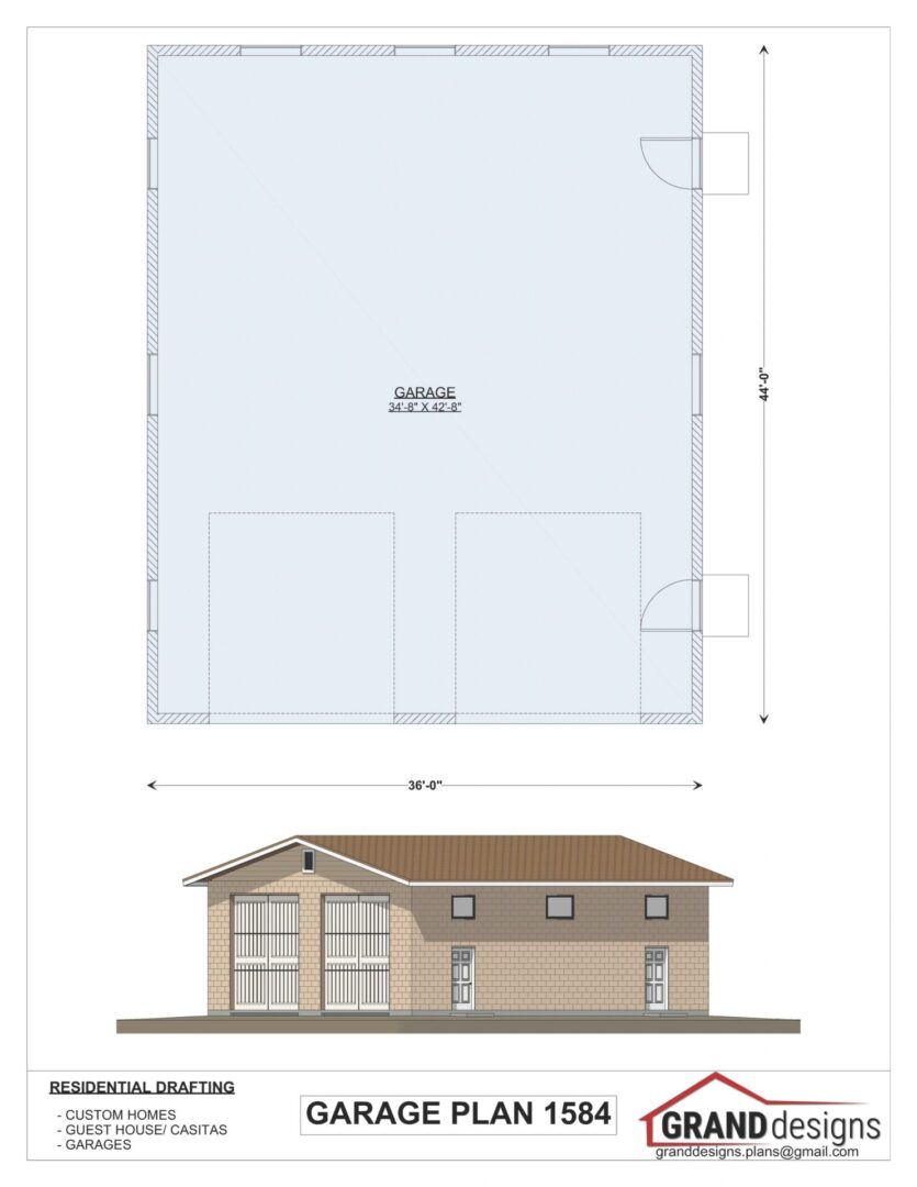 Garage plan with dimensions and elevation view.