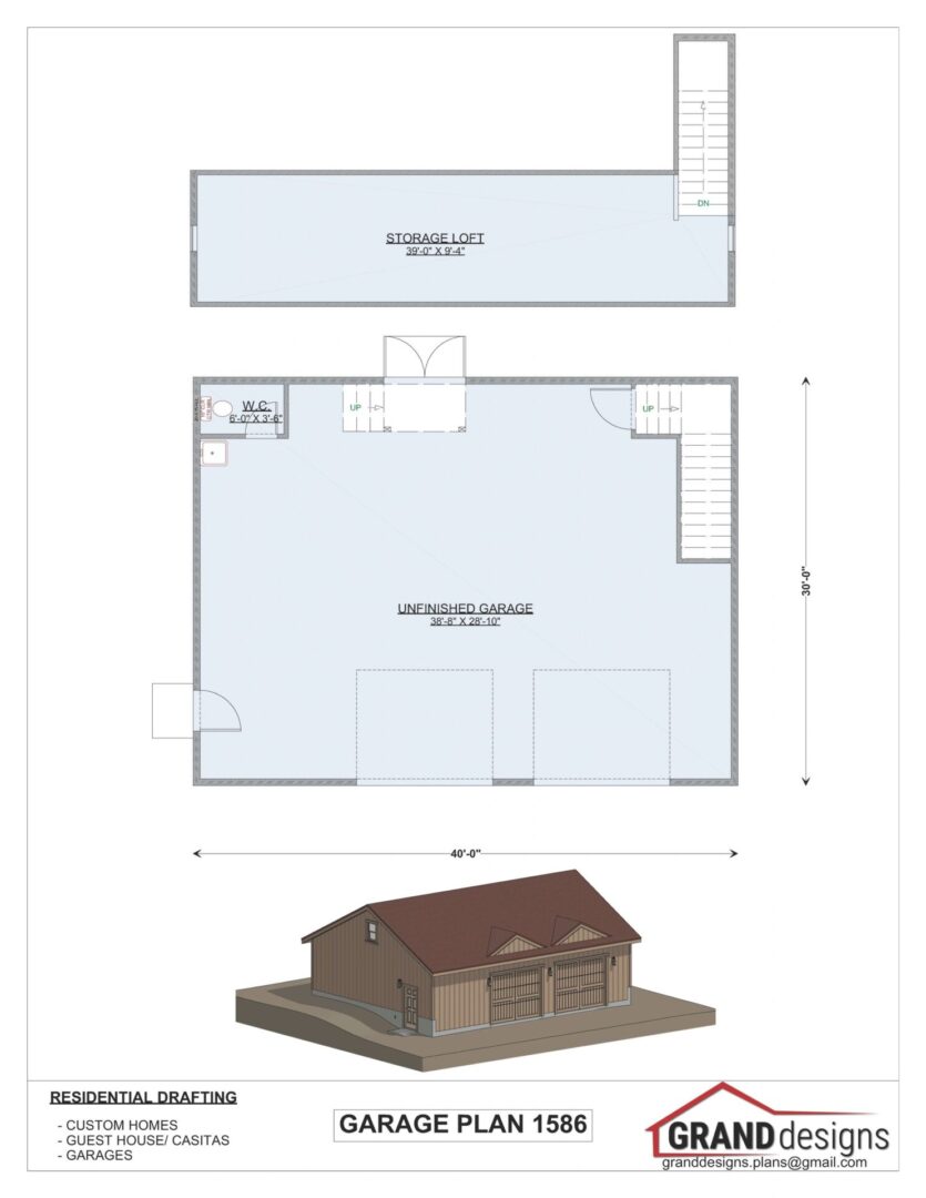 Garage plan with storage loft and dimensions.