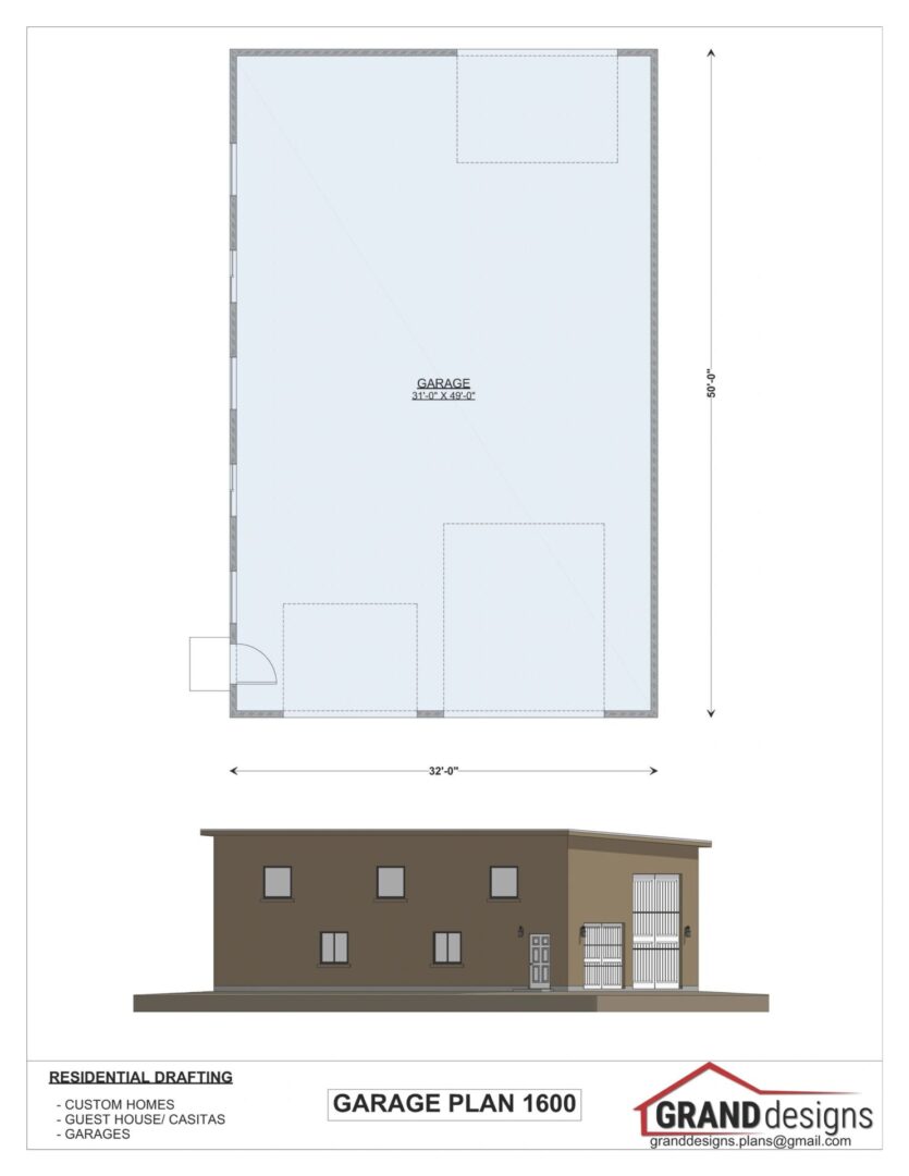 Garage plan 1600, 31'x49' with dimensions.