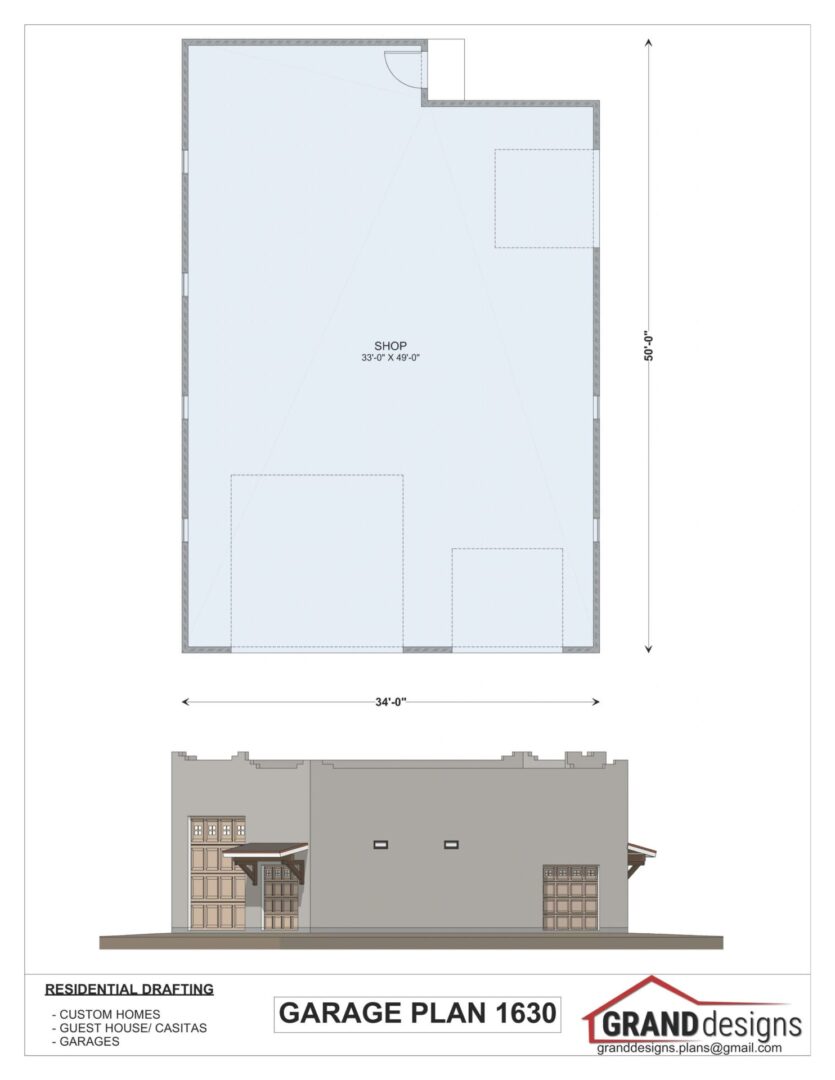 Garage plan 1630, shop and storage.