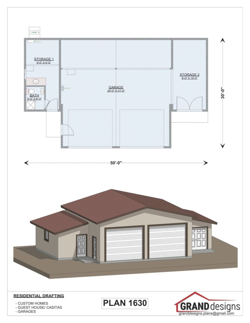 Plan 1630 garage with storage and bath.