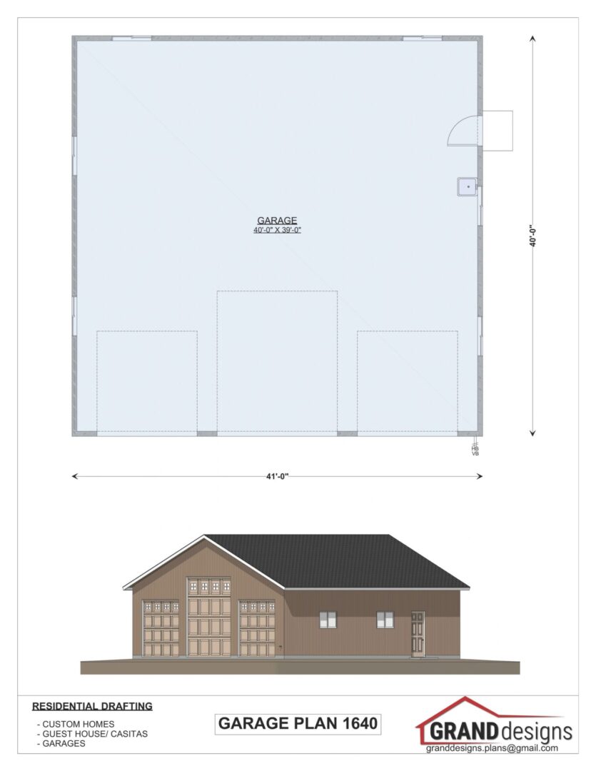 Garage plan 1640, three-car garage design.