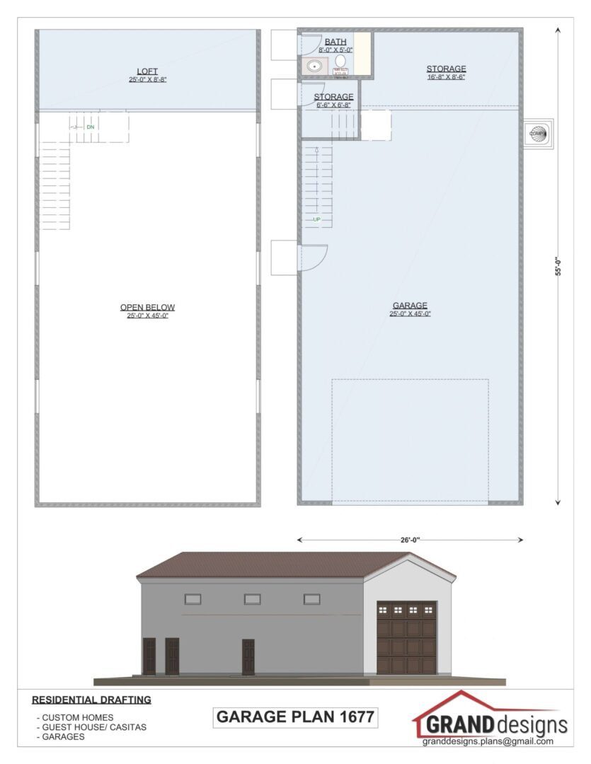 Garage plan with loft and storage space.