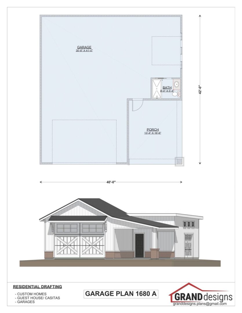 Garage plan 1680 A with a front elevation.