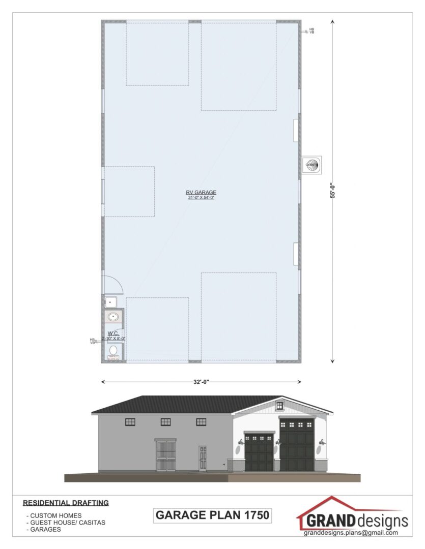 Garage plan 1750, two car garage, RV parking.