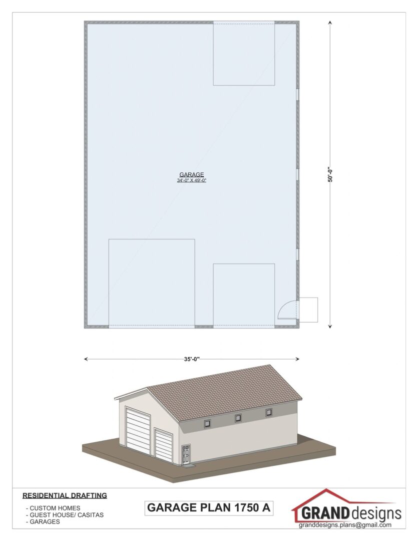 Garage plan 1750 A, 34' x 49' garage.