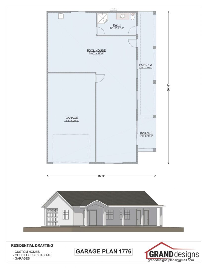 Garage plan with pool house and porches.