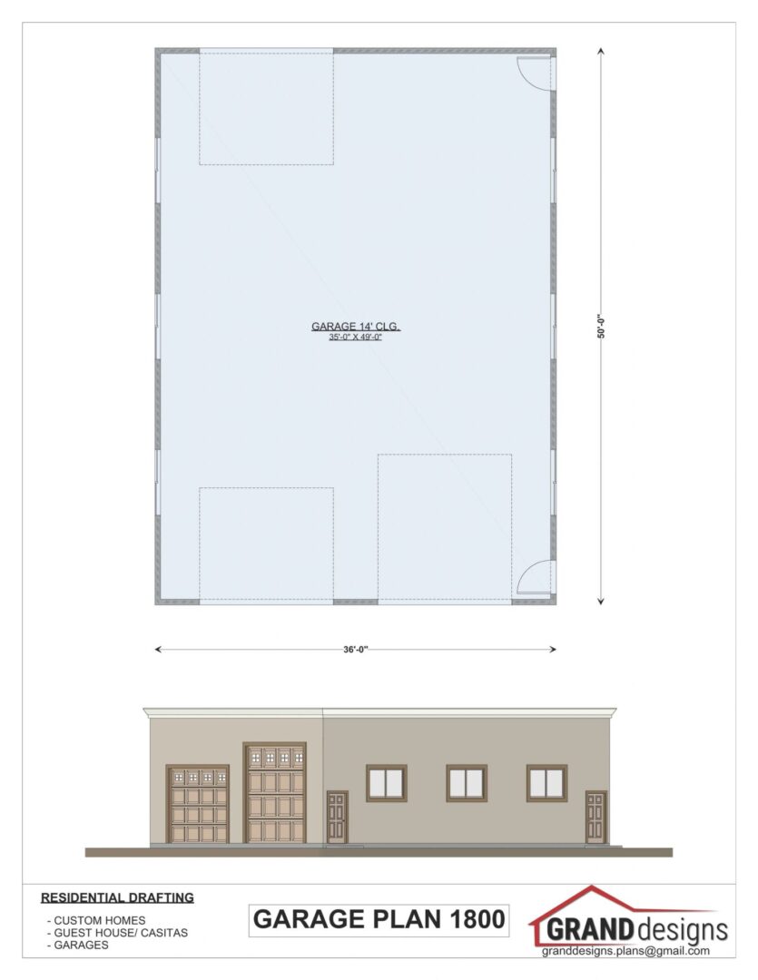 Garage plan 1800, 36' x 48' footprint.