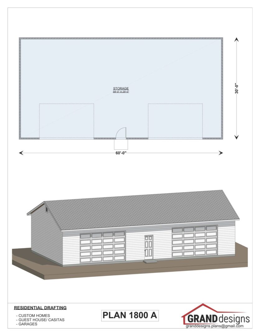 Plan 1800 A garage with two doors.