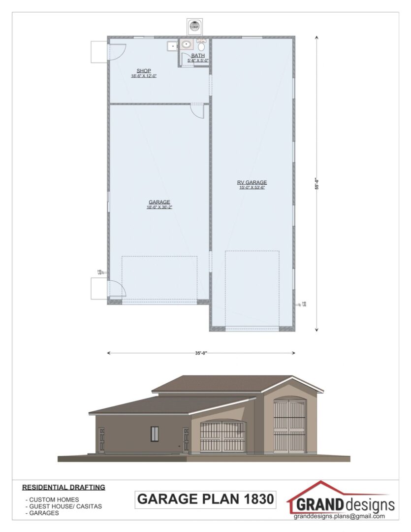 Garage plan with shop, bath, and RV garage.