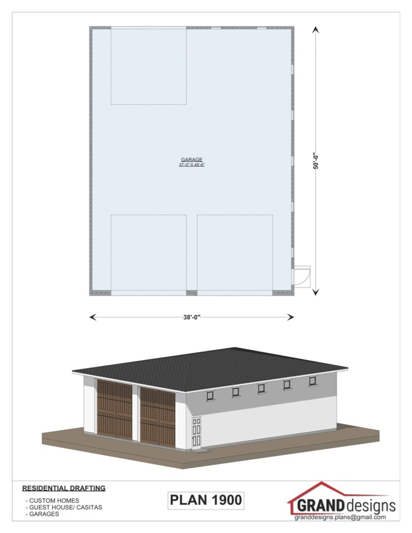 Plan 1900 garage design with dimensions.