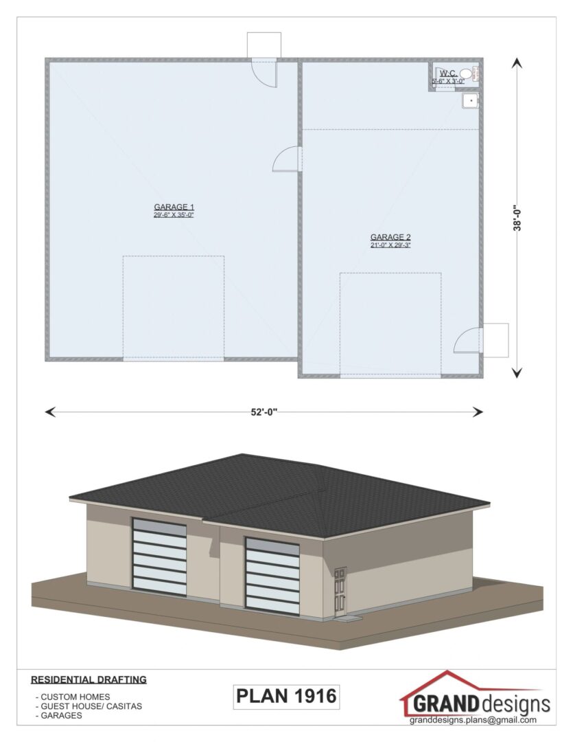 Two-car garage plan with dimensions.