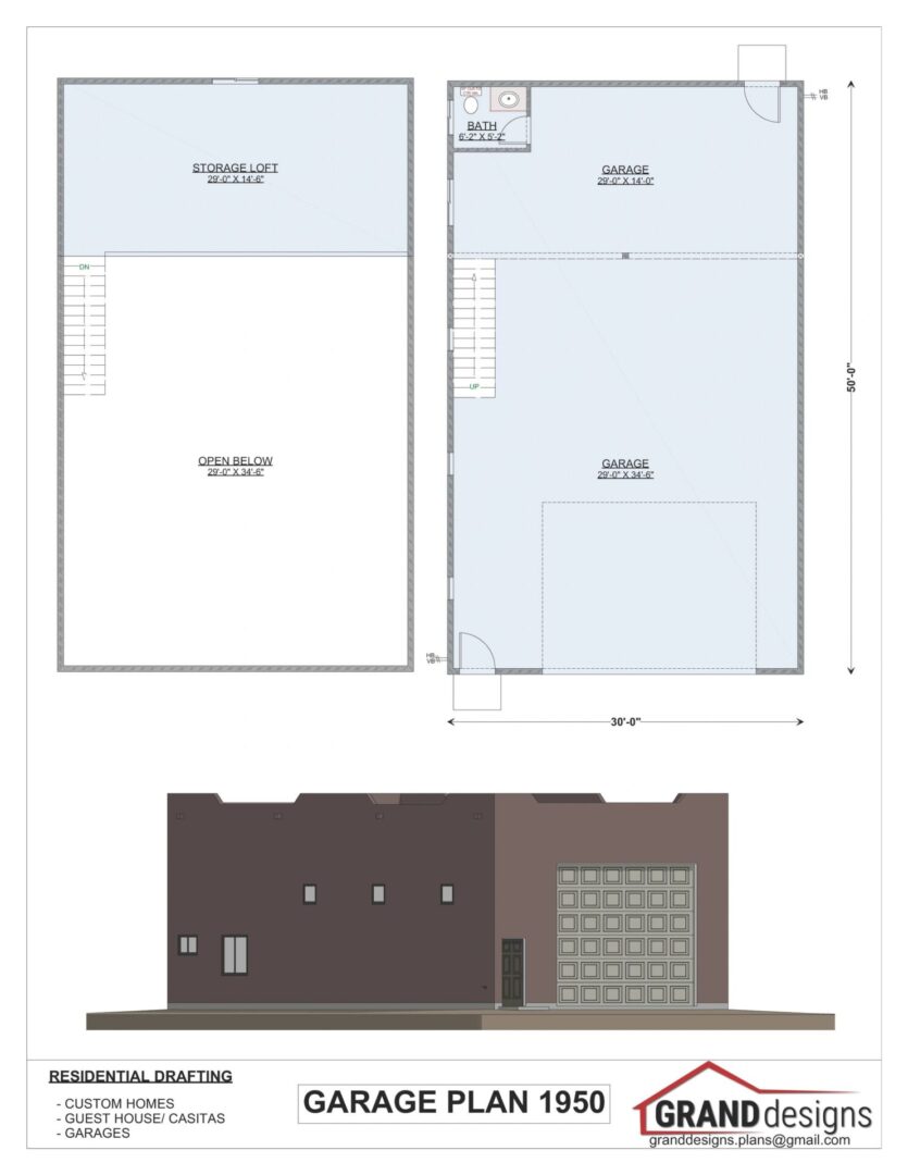 Garage plan with storage loft and bath.