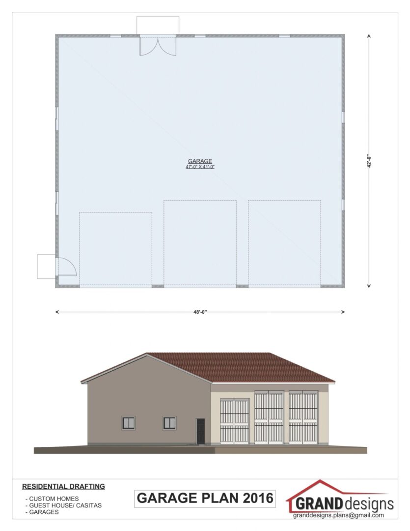 Garage plan with three garage doors.