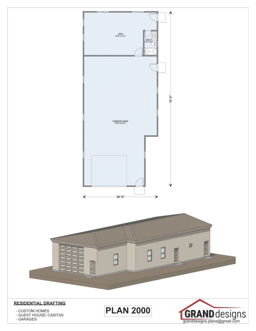 3D rendering of a garage plan.