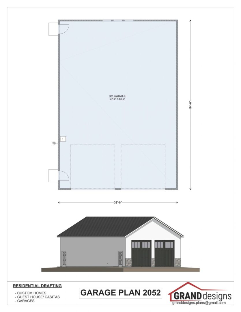 Garage plan with RV parking and two doors.