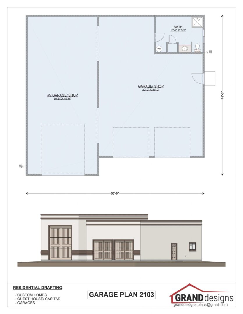 Garage plan 2103 with RV garage and bath.